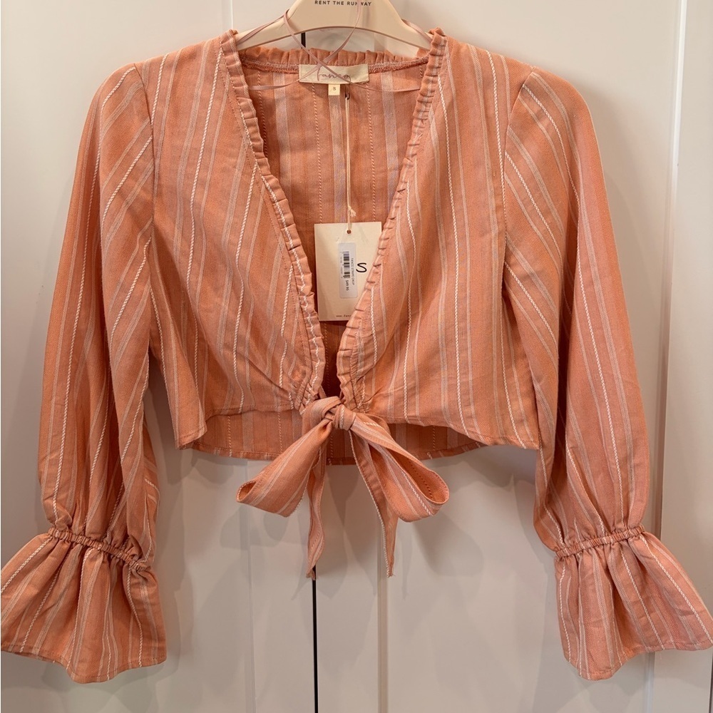 Striped Peach Linen Tie-Front cropped blouse/cardigan